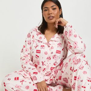 Plus Cake Print Long Sleeve Shirt & Trouser Pyjama Set