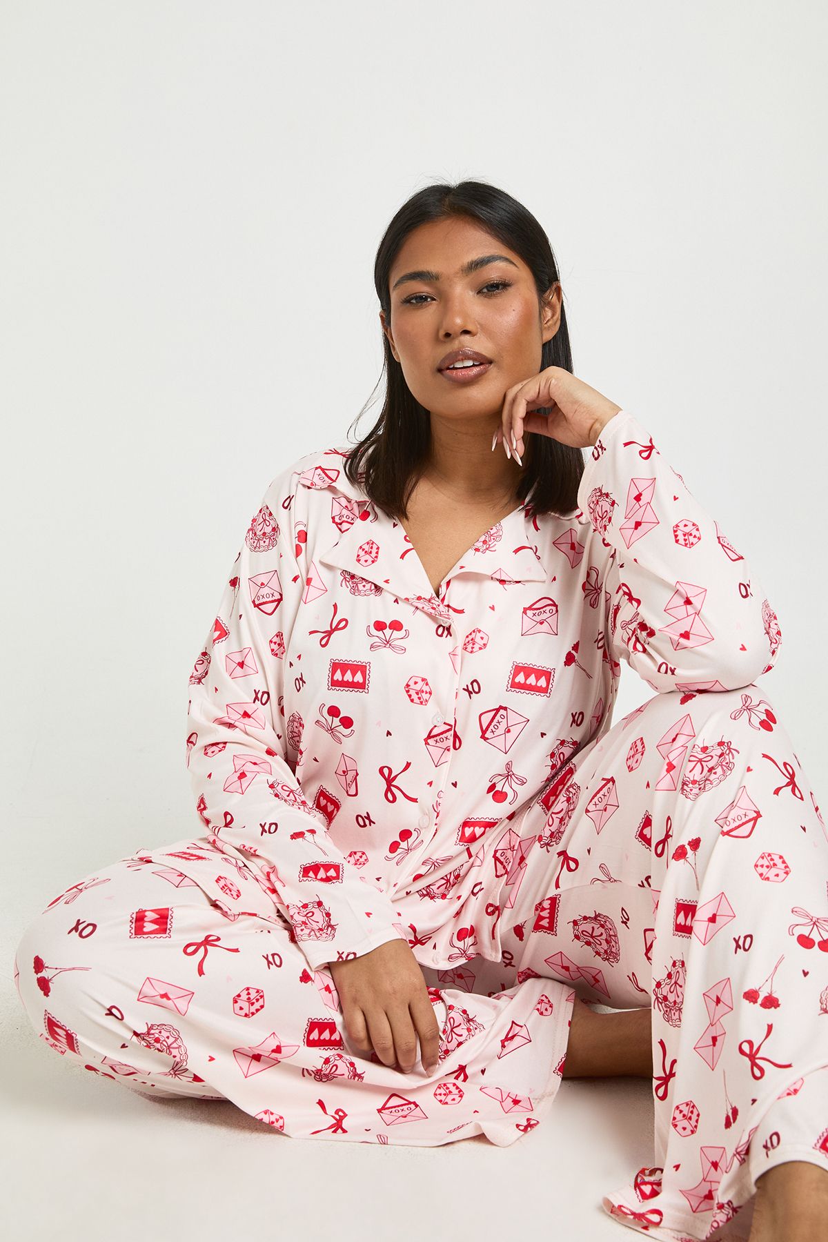 Plus Cake Print Long Sleeve Shirt & Trouser Pyjama Set