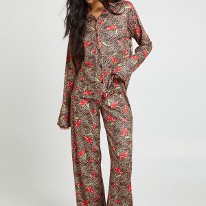 Tall Cherries & Leopard Print Long Sleeve Shirt & Trouser Pyjama Set