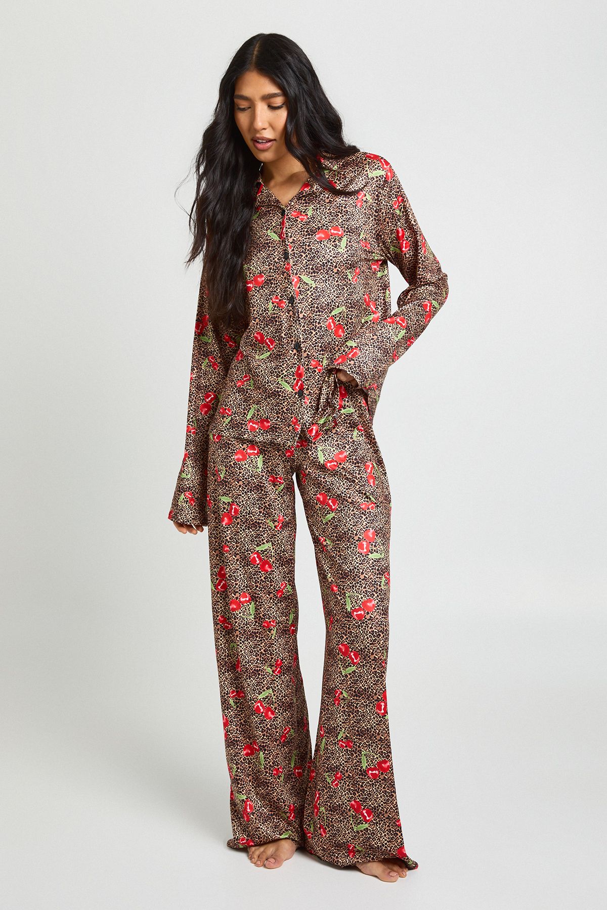 Tall Cherries & Leopard Print Long Sleeve Shirt & Trouser Pyjama Set