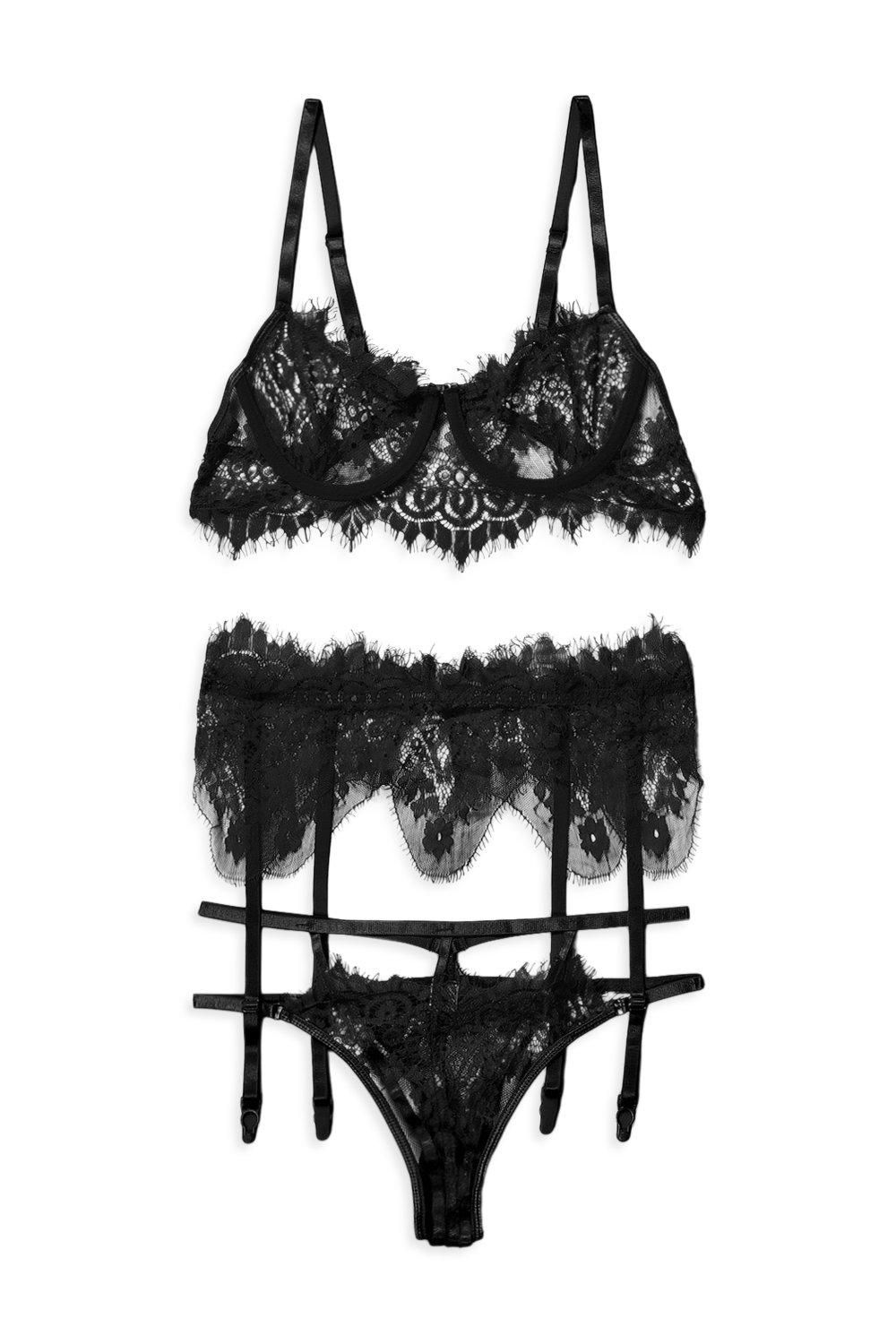 Eyelash Lace Bralette Suspender and Thong Set - Image 5