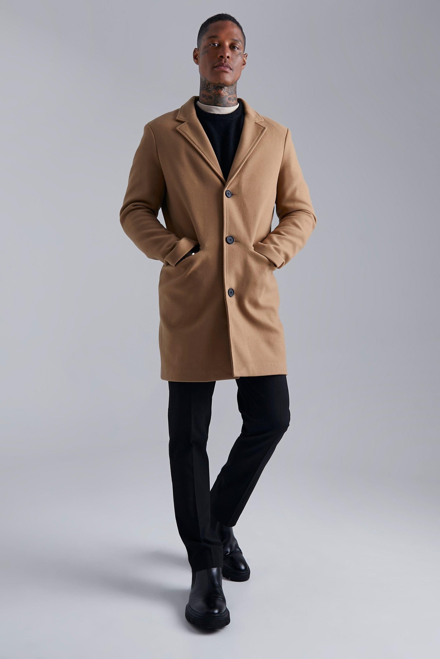 Single Breasted Wool Look Overcoat in Camel - Image 4