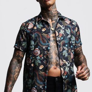 Dragon Print Regular Fit Short Sleeve Shirt