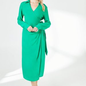 Green Belt Detail Collared Wrap Dress