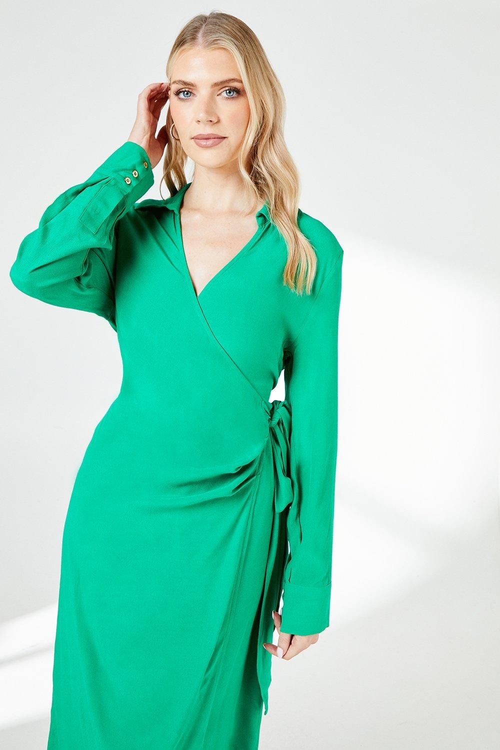 Green Belt Detail Collared Wrap Dress - Image 2