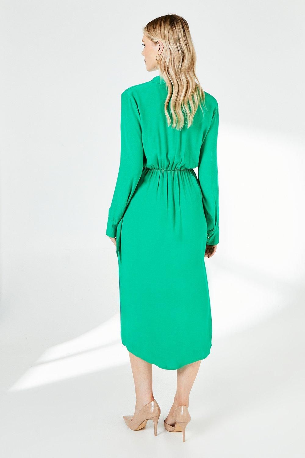 Green Belt Detail Collared Wrap Dress - Image 3