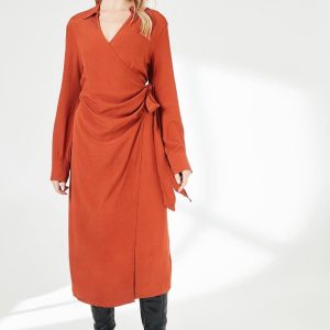 Red Belt Detail Collared Wrap Dress