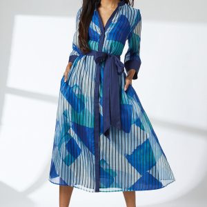 Belted Contrast Detail Collarless Shirt Dress