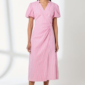 Pink Stripe D - Ring Cotton Poplin Wrap Dress