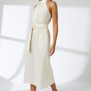 Sand Pinstripe Collared Halterneck Midi Dress