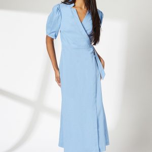 Blue Linen Blend Wrap Dress