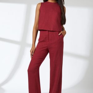 Navy Linen Blend Cropped Top