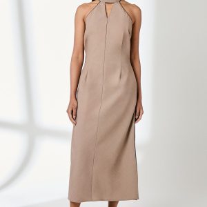 Contrast Detail Halterneck Midi Dress