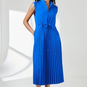 Cobalt Pleated Skirt Zip Front Midi Dress