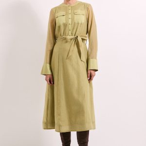 Green Patch Pocket Detail Organza Shirt Dress