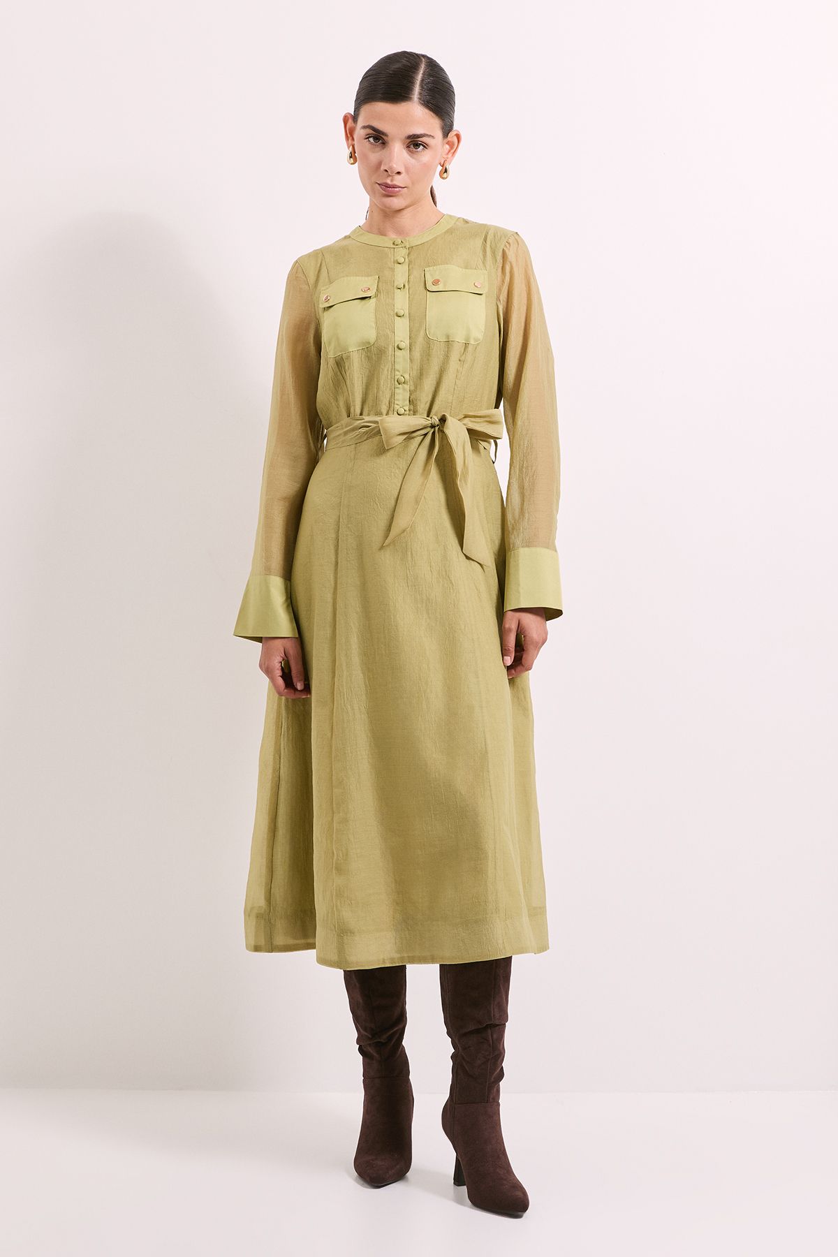 Green Patch Pocket Detail Organza Shirt Dress