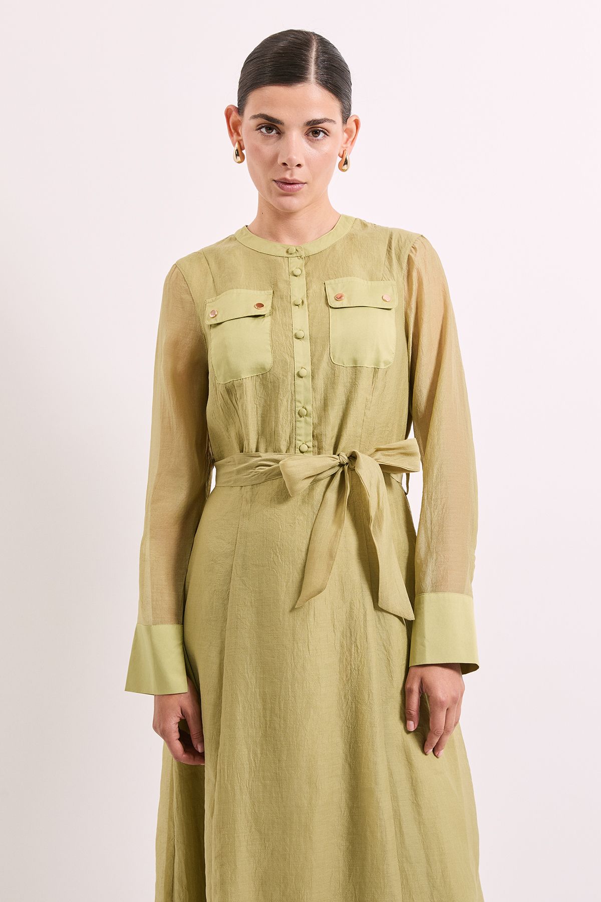 Green Patch Pocket Detail Organza Shirt Dress - Image 2