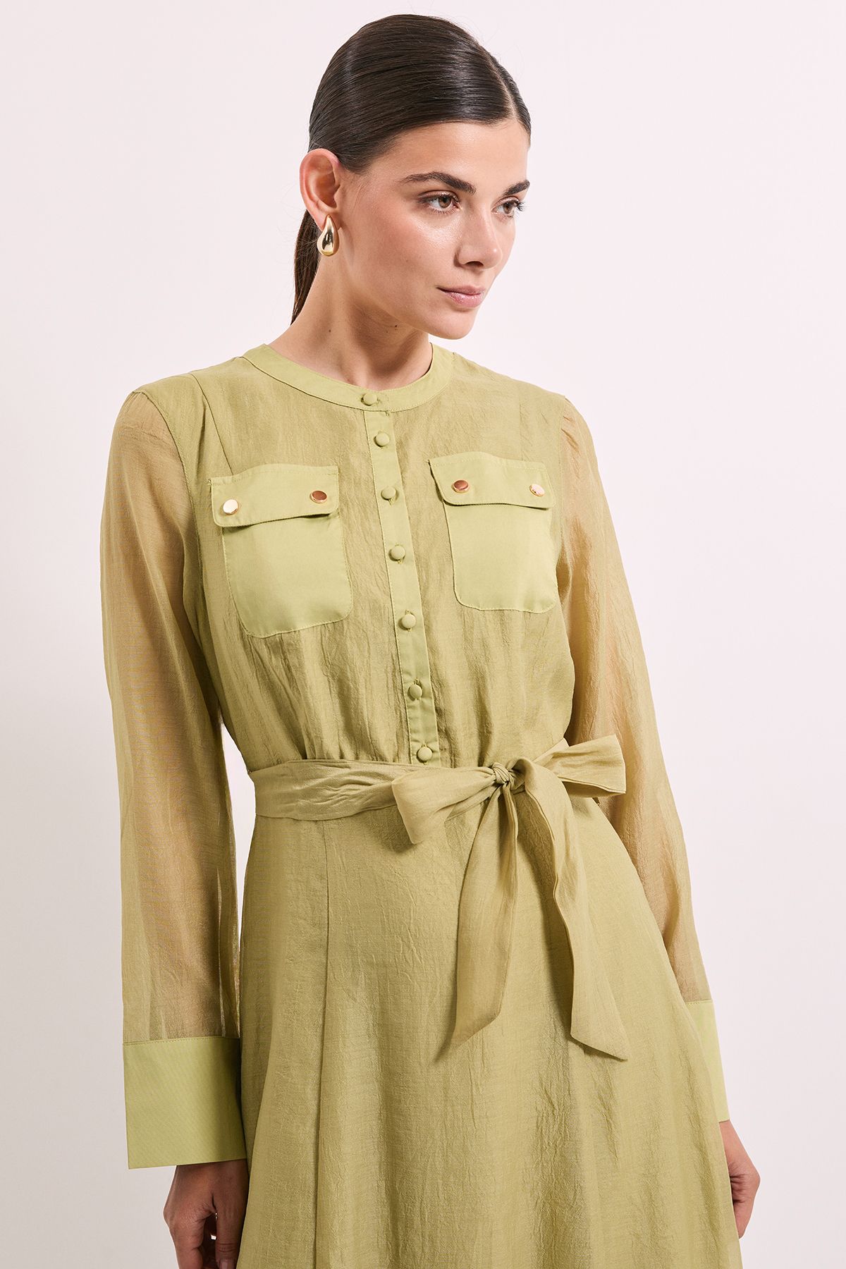 Green Patch Pocket Detail Organza Shirt Dress - Image 3