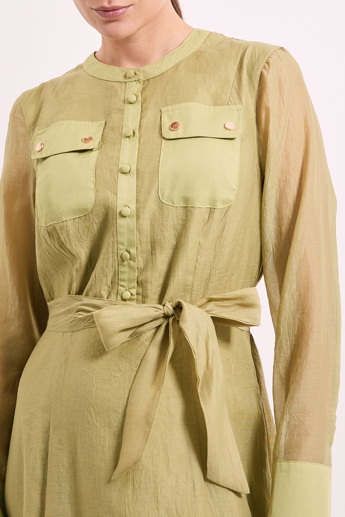 Green Patch Pocket Detail Organza Shirt Dress - Image 5