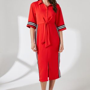 Red Rib Detail Tie Waist Shirt Dress