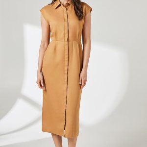 Camel Column Crepe Shirt Dress