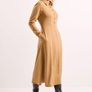 Camel Ponte Seam Detail Midi Dress