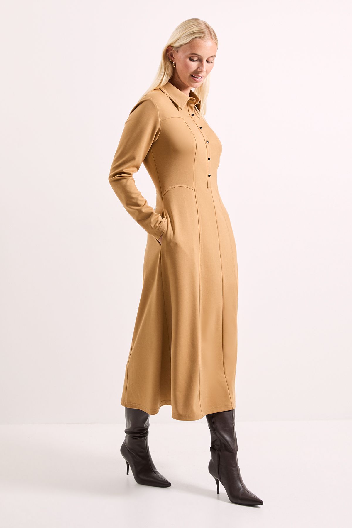 Camel Ponte Seam Detail Midi Dress