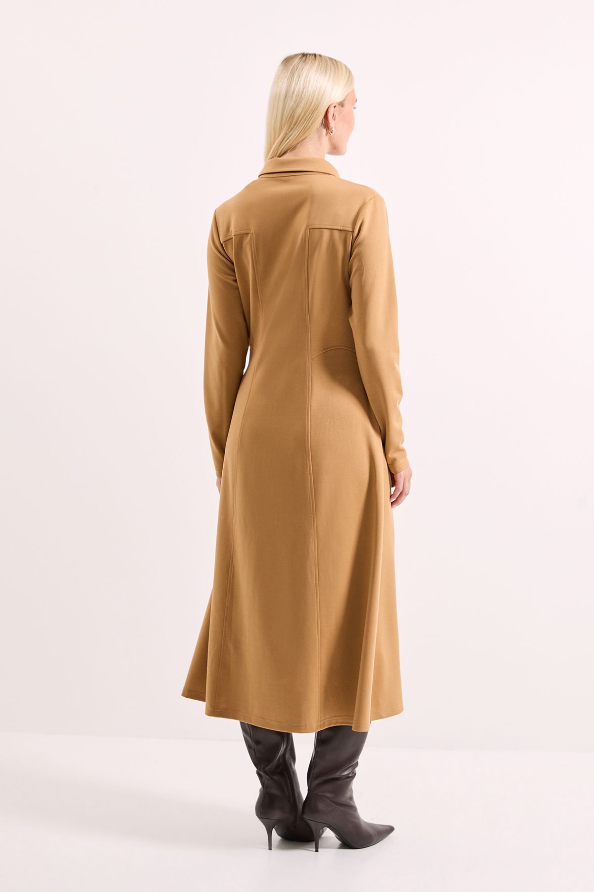Camel Ponte Seam Detail Midi Dress - Image 3