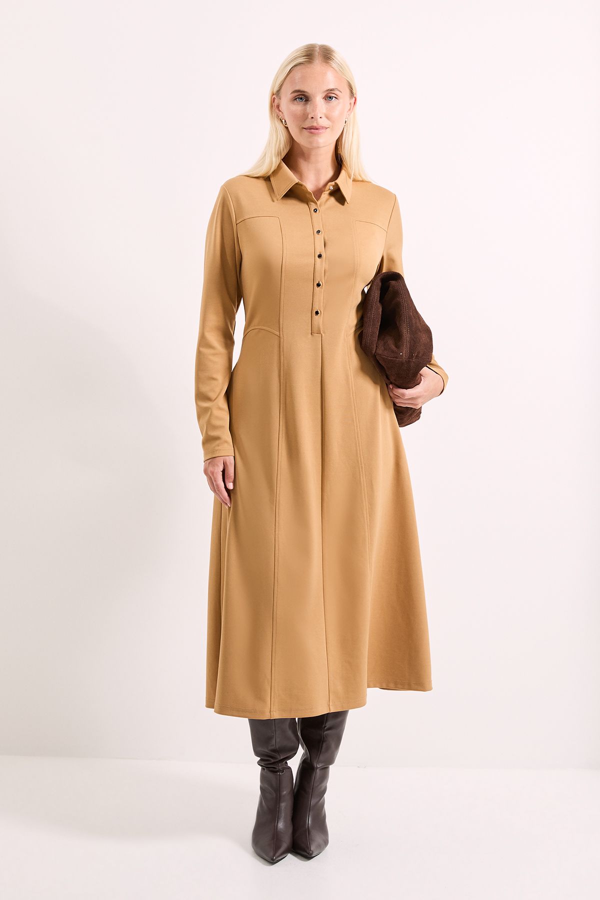Camel Ponte Seam Detail Midi Dress - Image 4