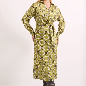 Printed Tie Waist Button Detail Satin Shirt Dress
