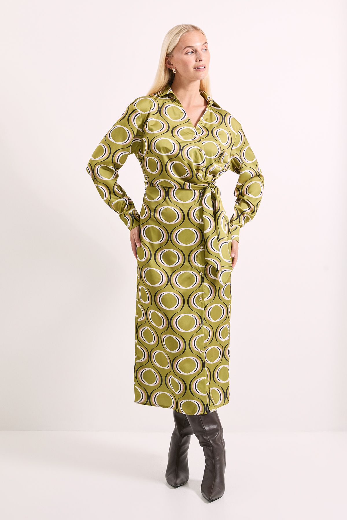 Printed Tie Waist Button Detail Satin Shirt Dress