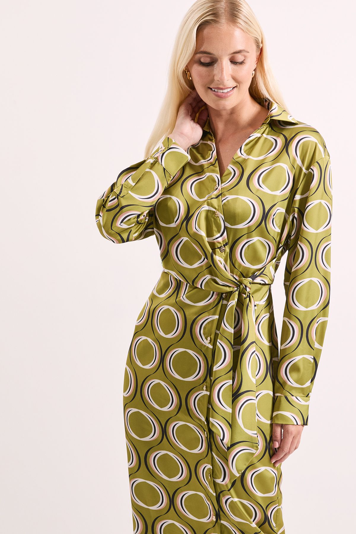 Printed Tie Waist Button Detail Satin Shirt Dress - Image 2