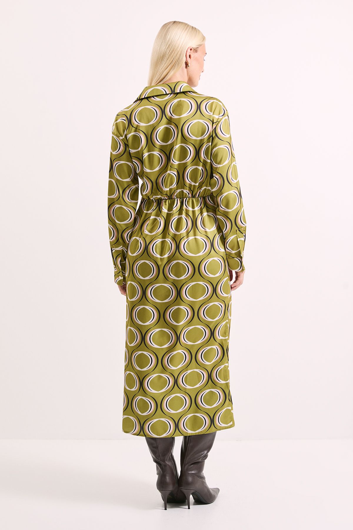 Printed Tie Waist Button Detail Satin Shirt Dress - Image 3