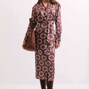 Printed Tie Waist Button Detail Satin Shirt Dress