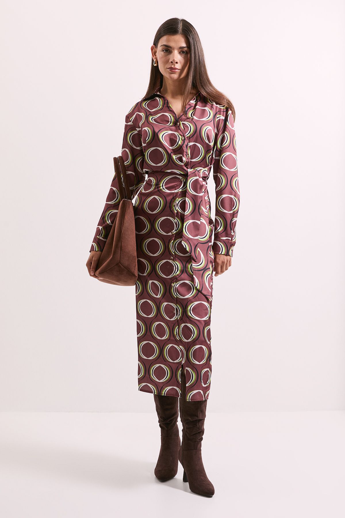 Printed Tie Waist Button Detail Satin Shirt Dress