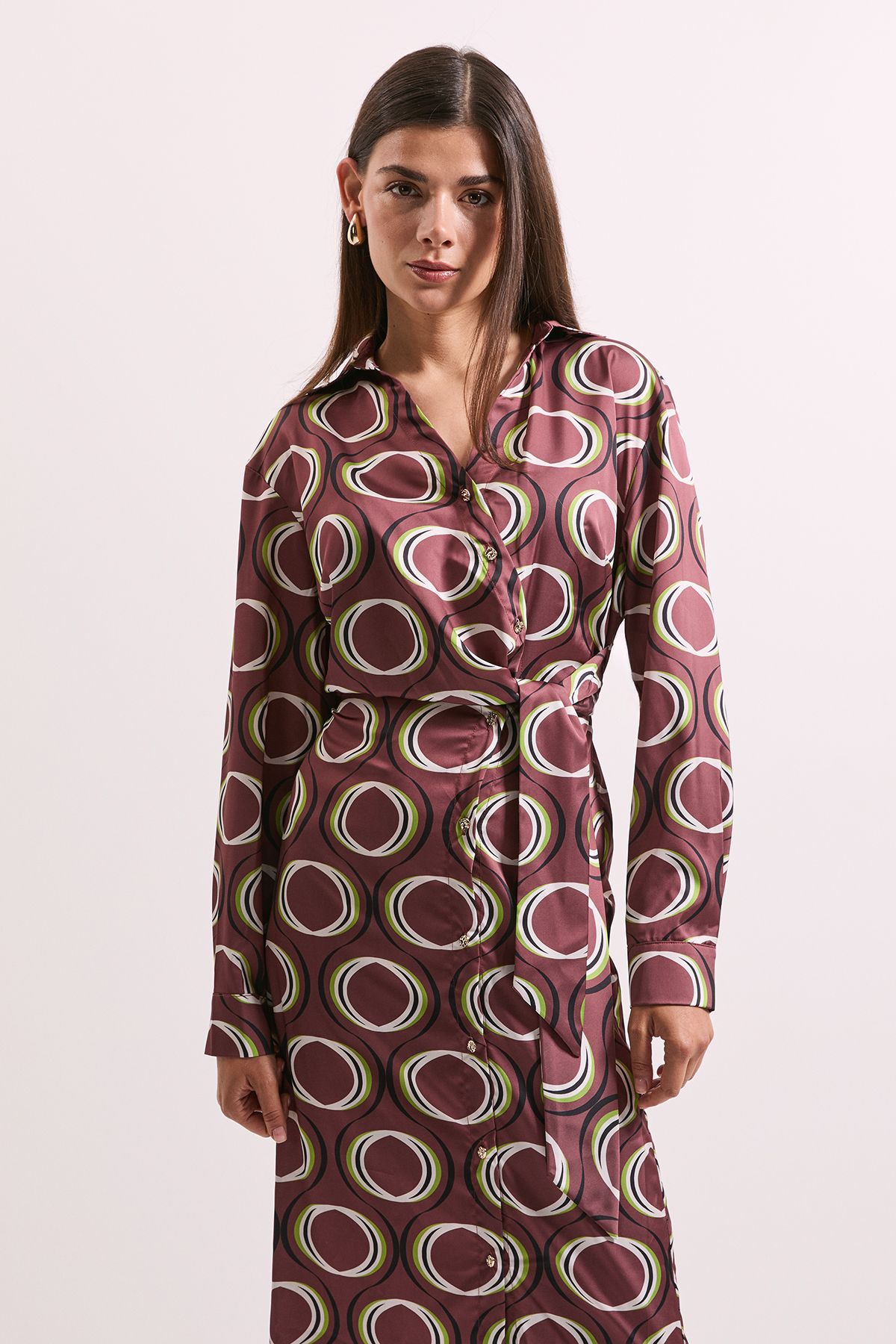 Printed Tie Waist Button Detail Satin Shirt Dress - Image 2