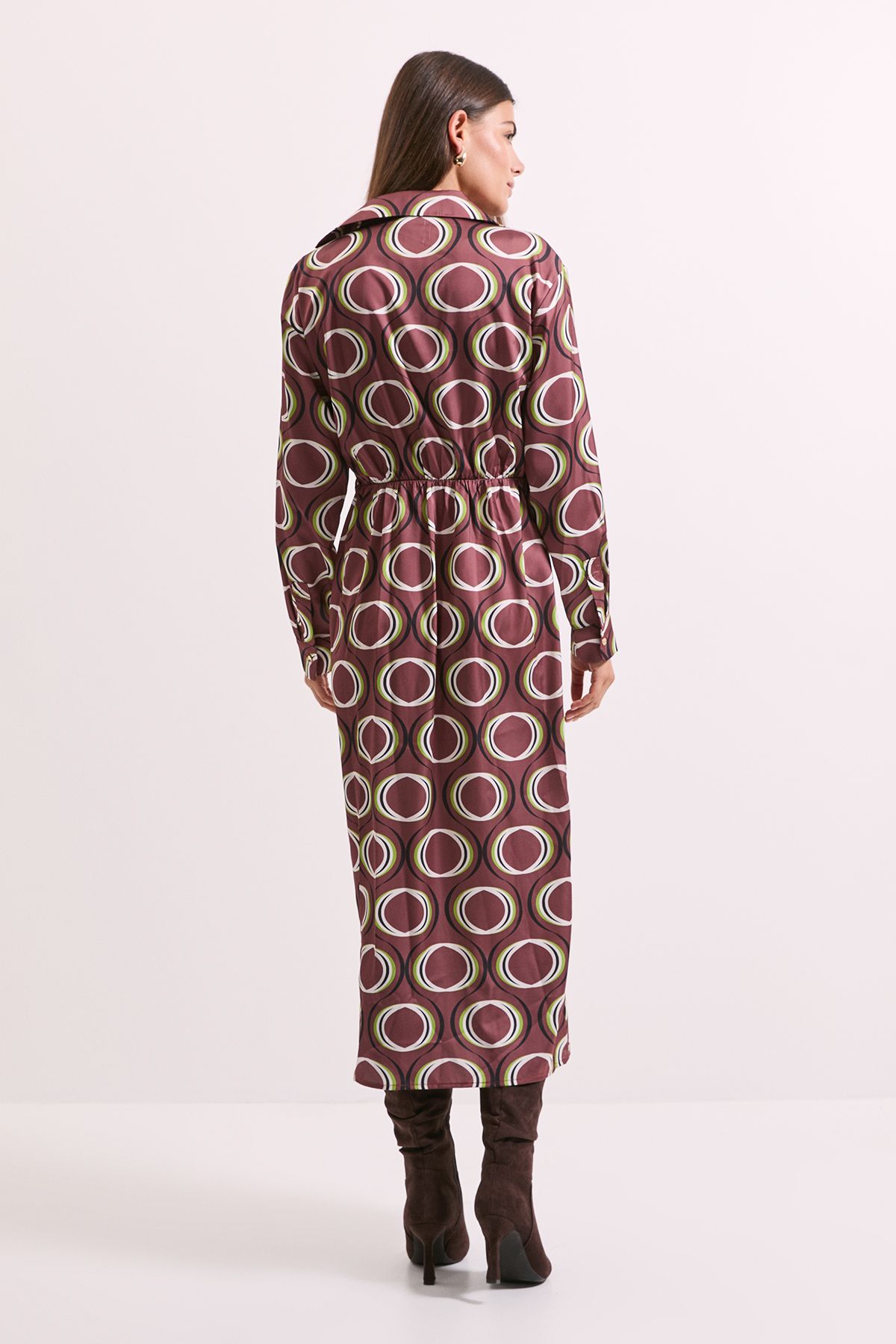 Printed Tie Waist Button Detail Satin Shirt Dress - Image 4