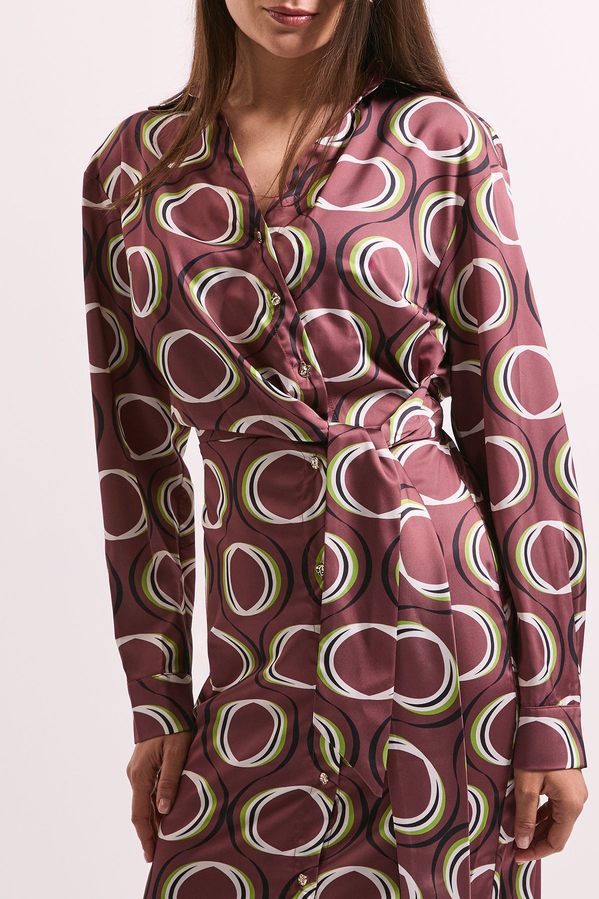 Printed Tie Waist Button Detail Satin Shirt Dress - Image 5