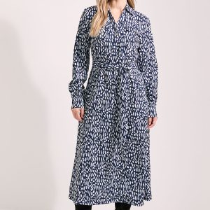 Printed Tie Waist Crepe Shirt Dress