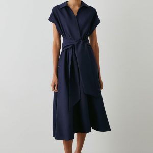 Navy Front Tie Shirt Midi Dress
