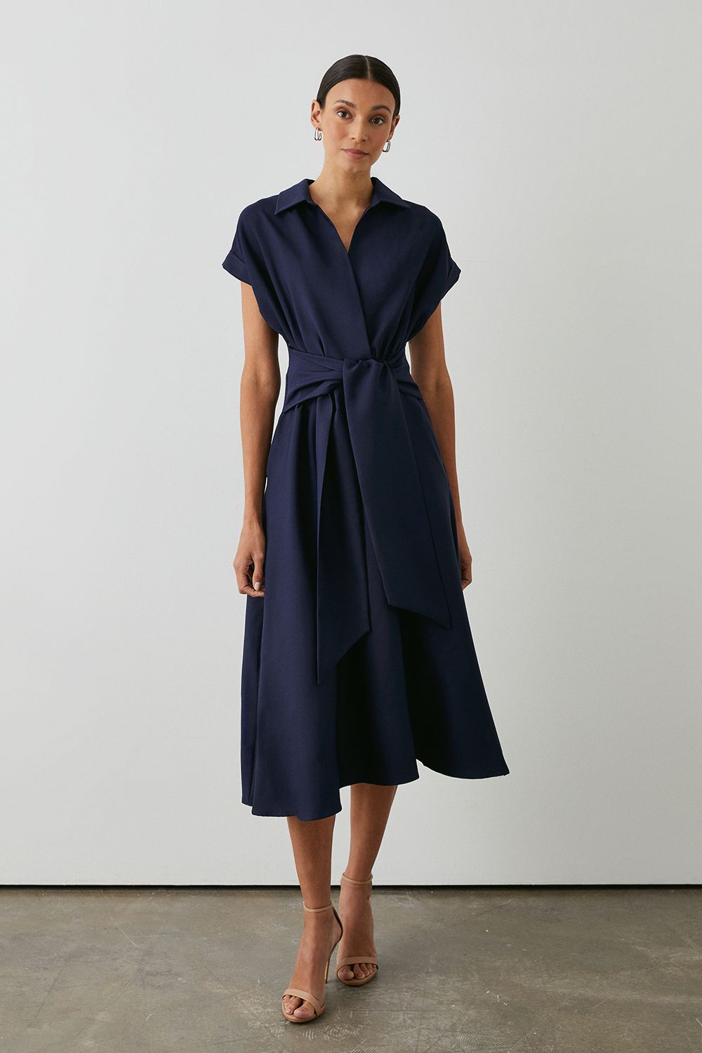 Navy Front Tie Shirt Midi Dress