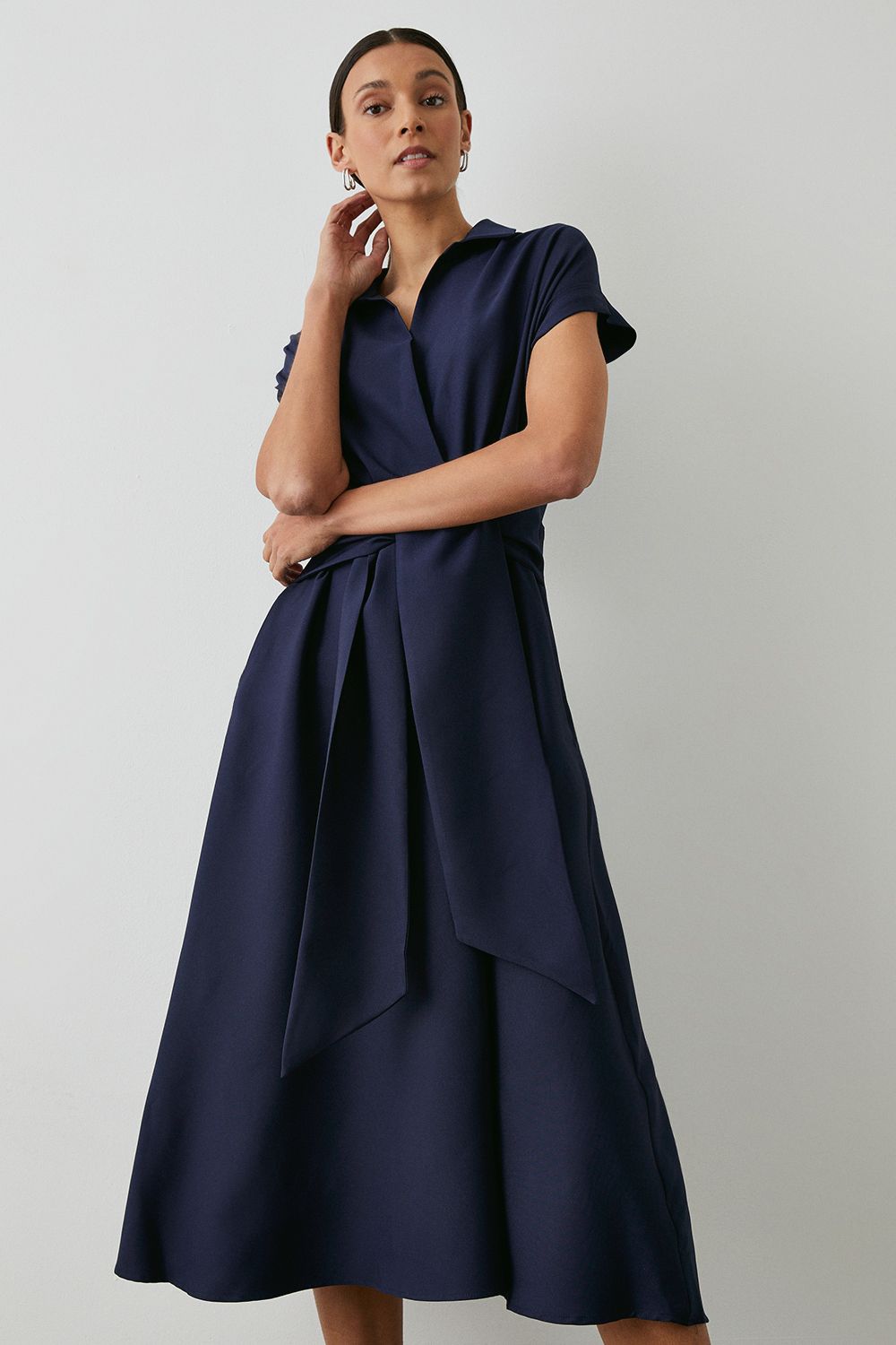 Navy Front Tie Shirt Midi Dress - Image 4