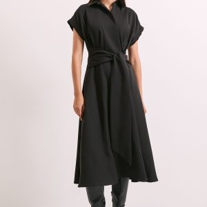 Black Front Tie Shirt Midi Dress