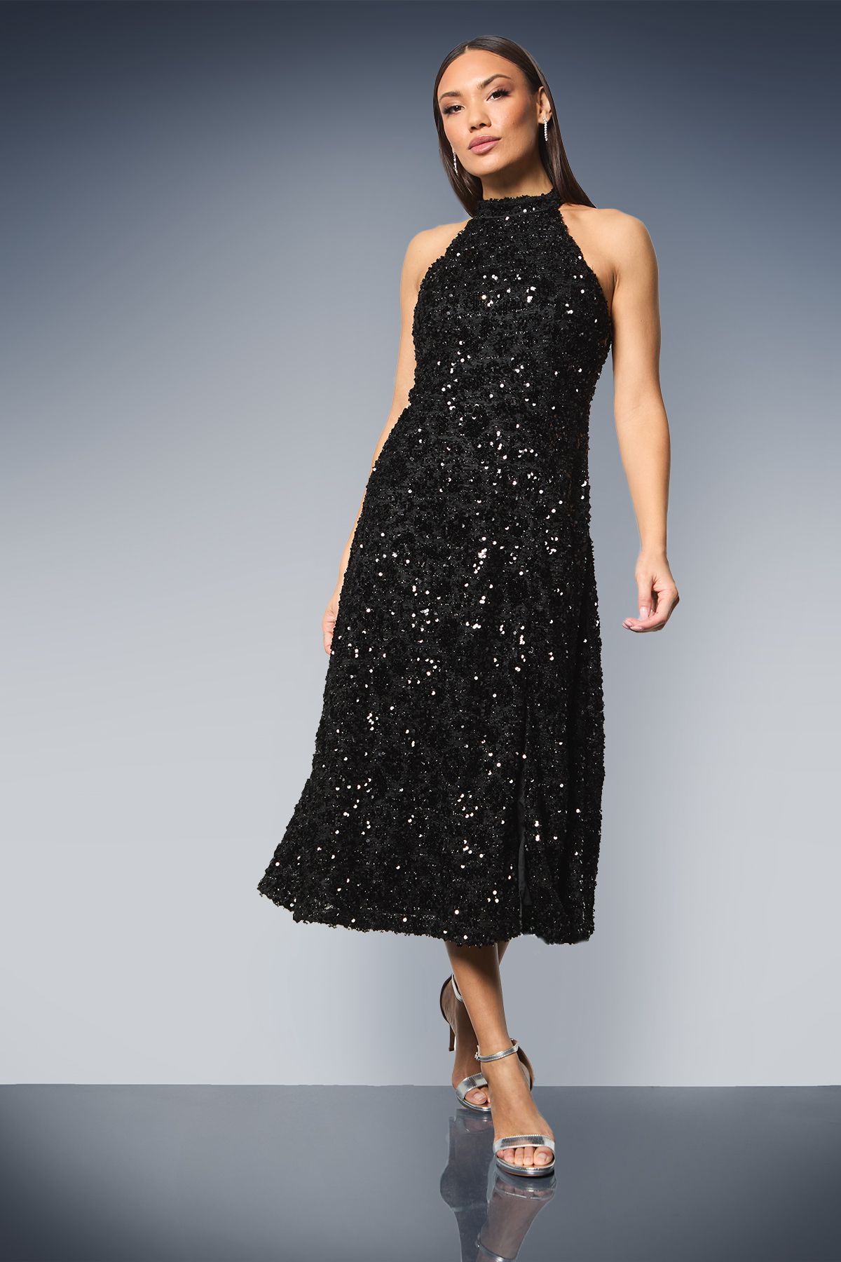 Tie Back Halterneck Sequin Fit & Flare Midi Dress