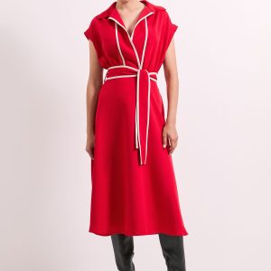 Red Contrast Tie Waist Midi Dress