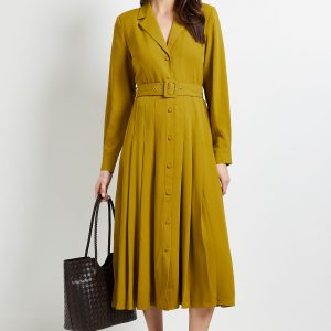 Pleat Skirt Belted Shirt Dress