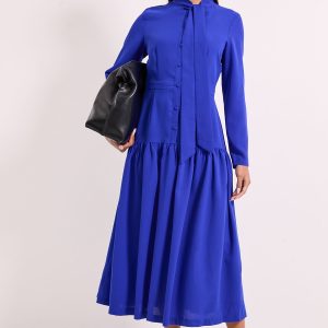 Tie Neck Yolk Detail Crepe Midi Dress