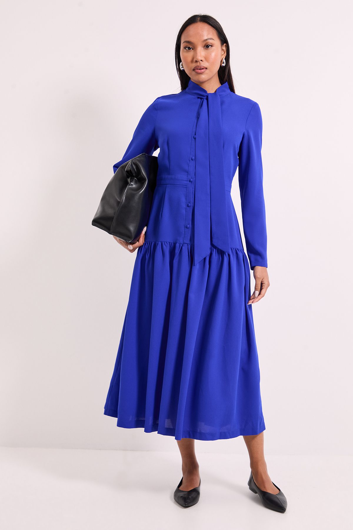 Tie Neck Yolk Detail Crepe Midi Dress