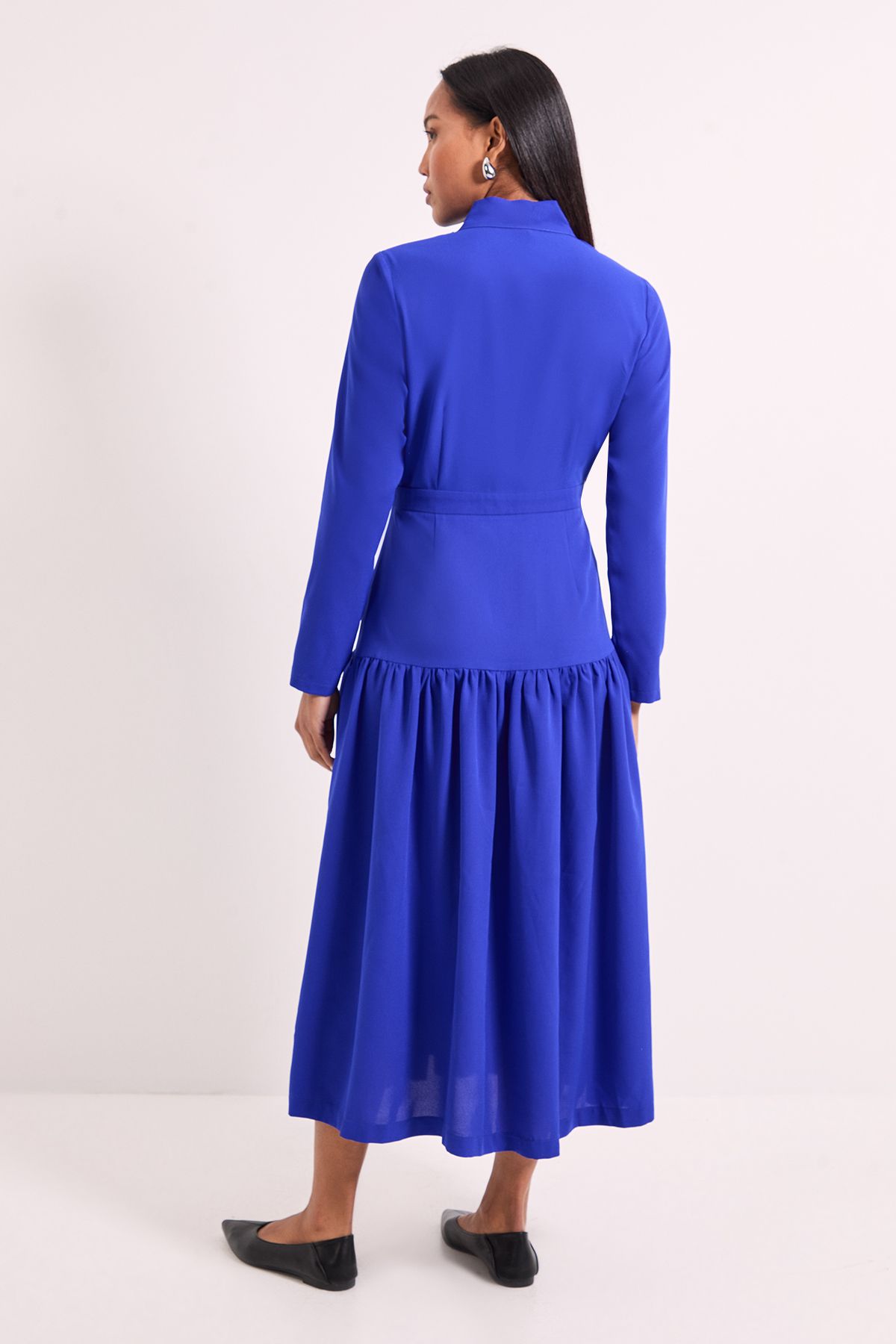 Tie Neck Yolk Detail Crepe Midi Dress - Image 3