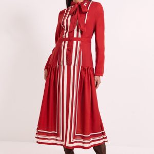 Placement Print Tie Neck Yolk Detail Crepe Midi Dress